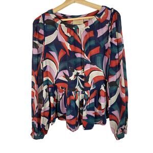 Anthropologie Maeve Women's Size S Colorful Navy Blue Peplum Bird Blouse *